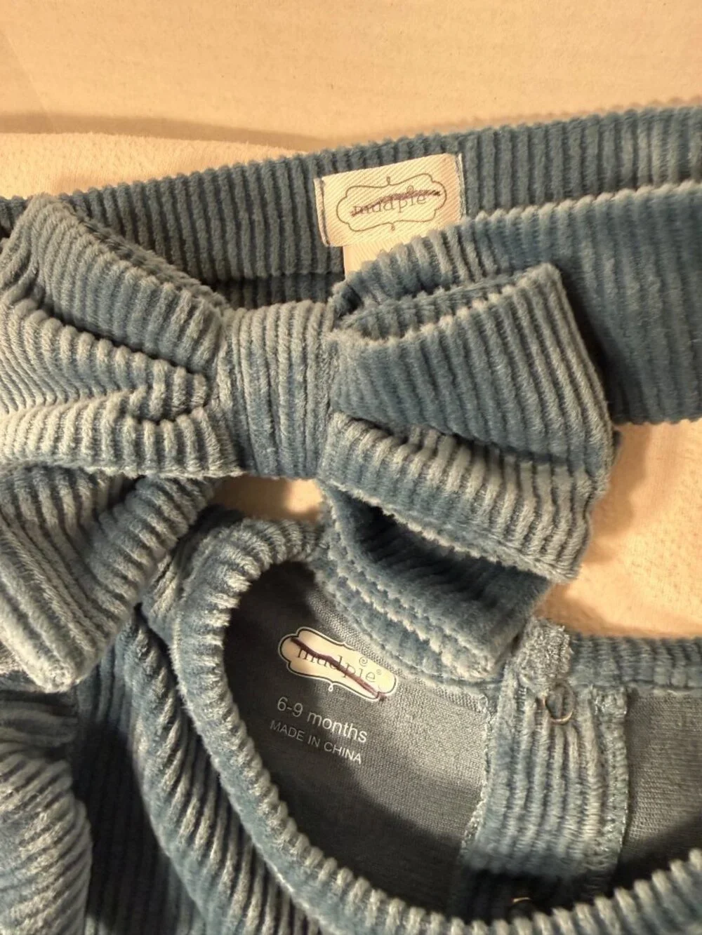 NAVY Blue Velour ribbed sleeper romper Headband bow SET 6-9m NWOT footie ruffle